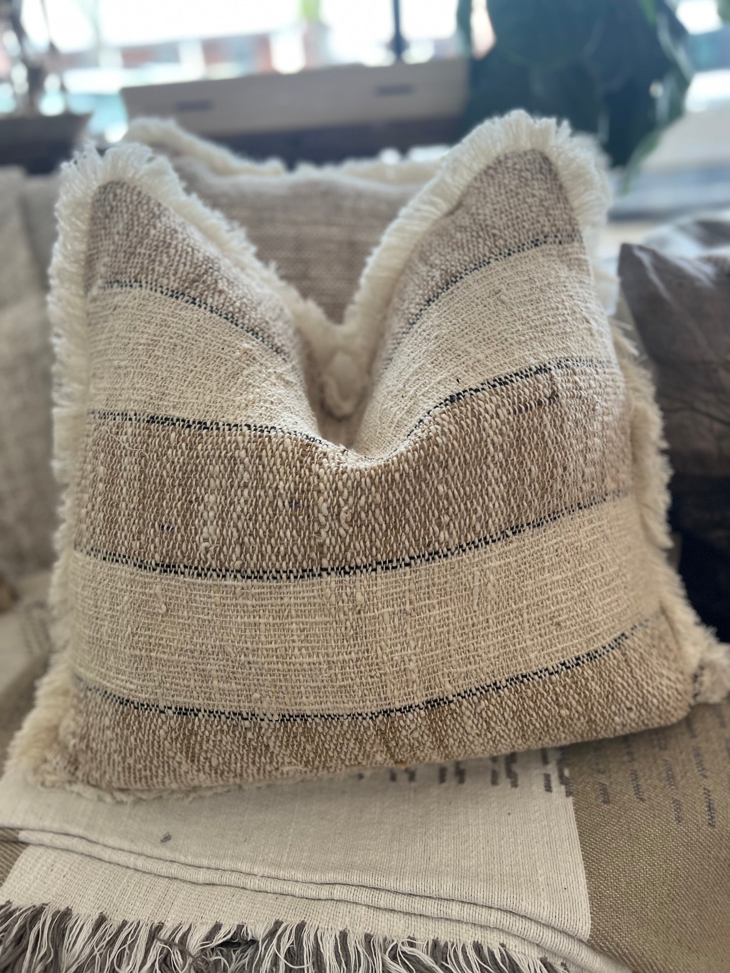 Textured Striped Cushion with Fringe