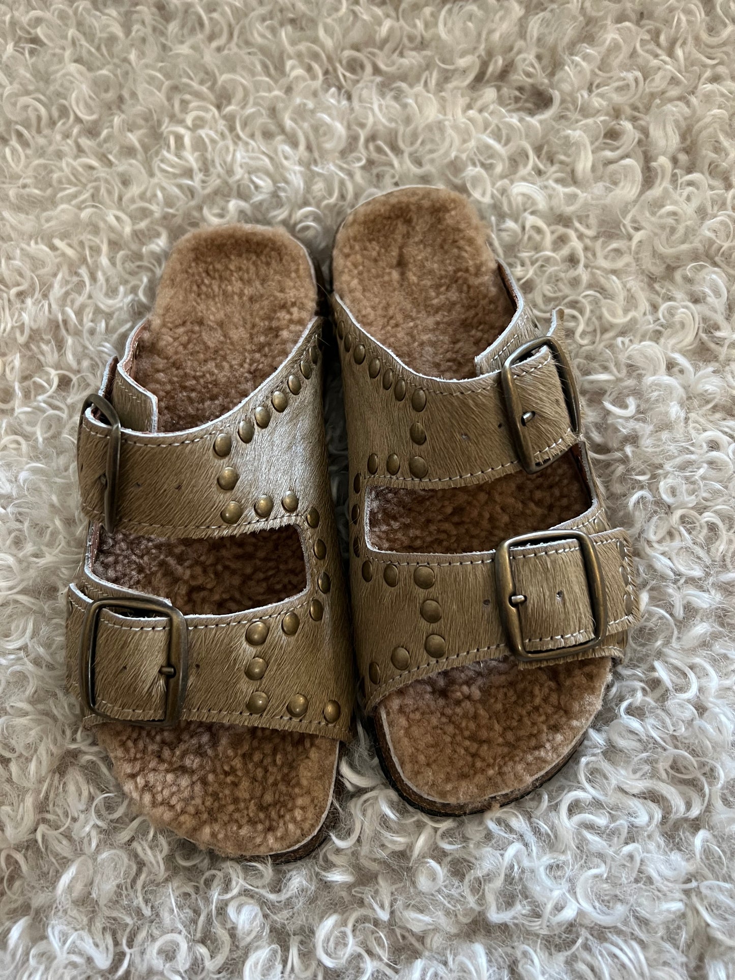 Suede Shearling Lined Taupe Slides