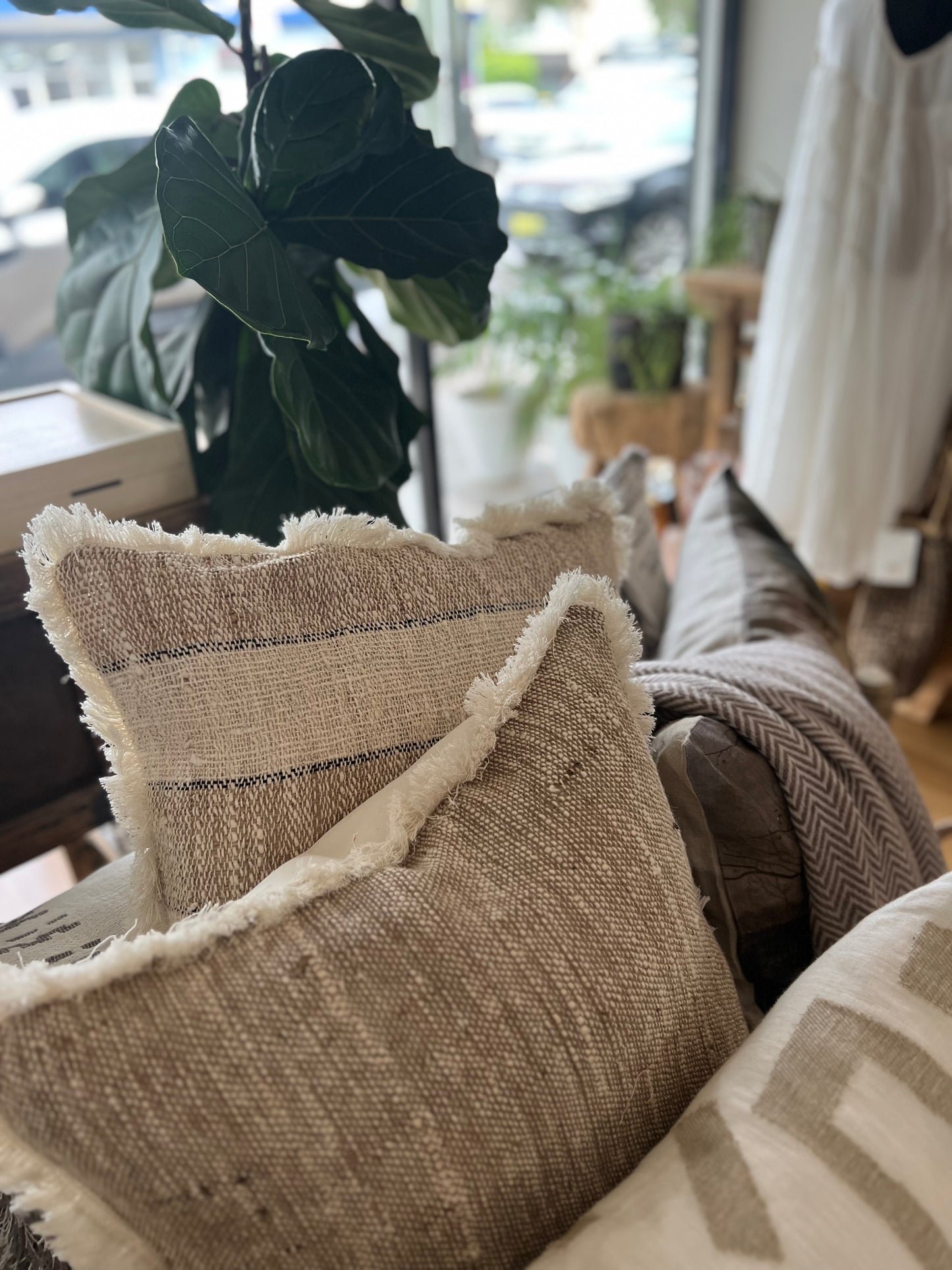 Textured Striped Cushion with Fringe