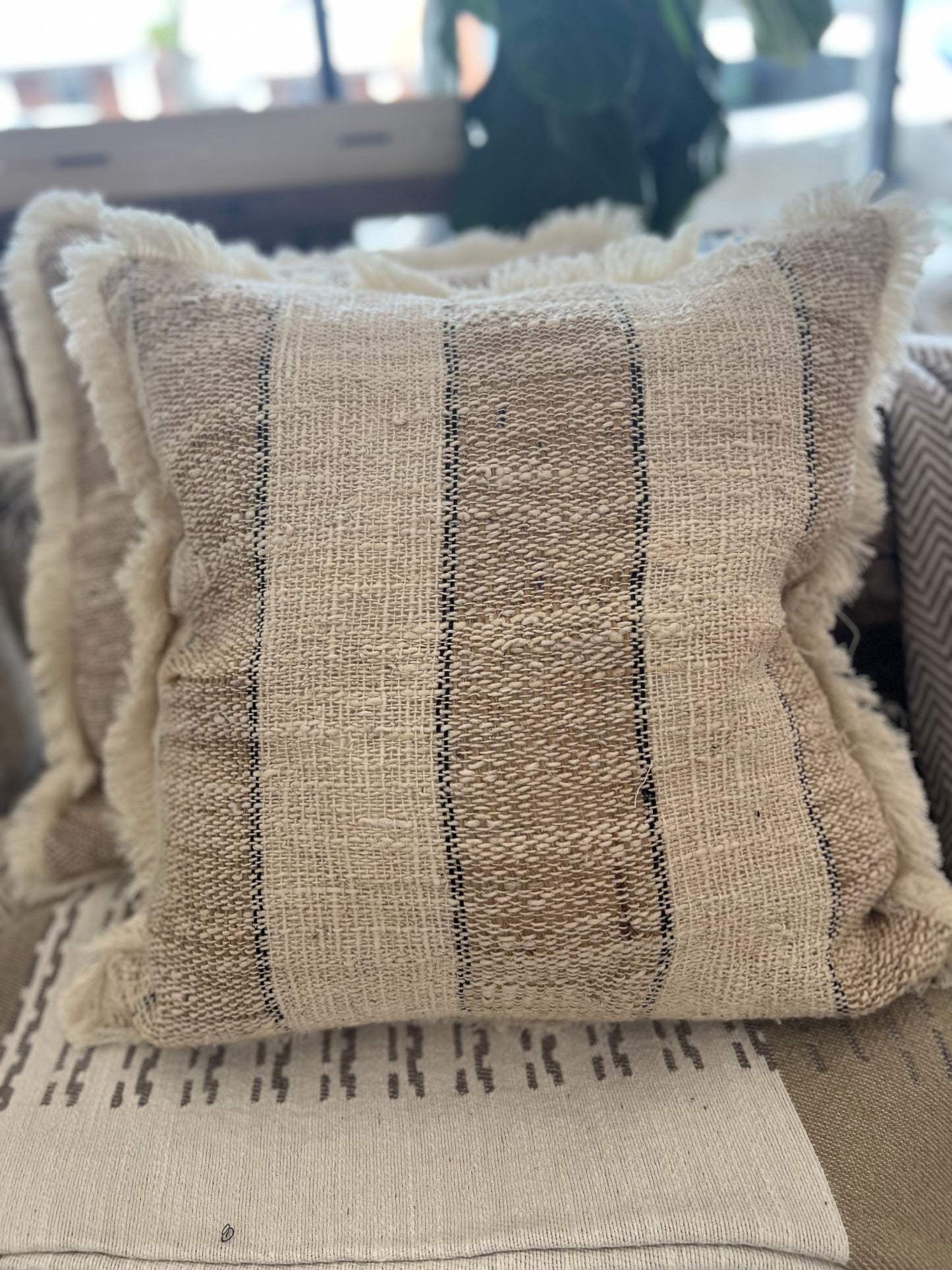 Textured Striped Cushion with Fringe