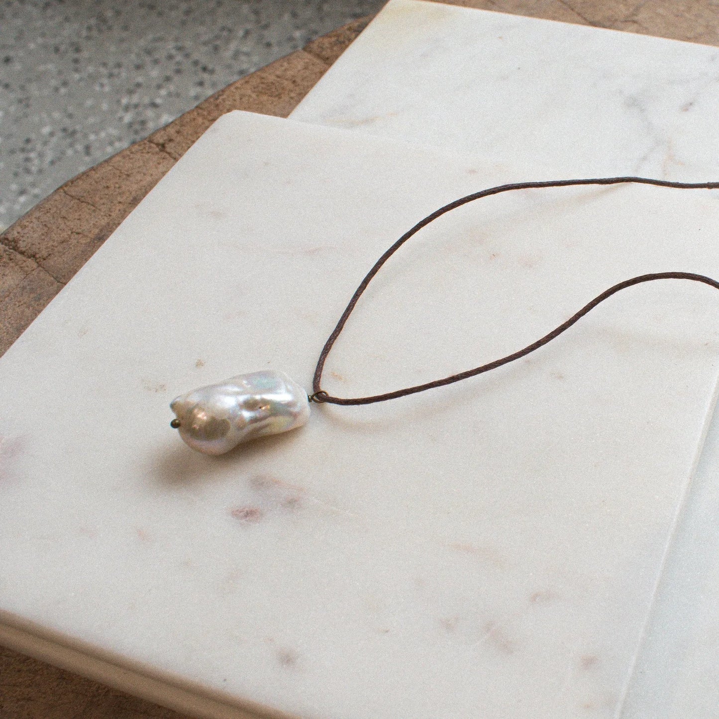 The SOLARA Baroque Pearl Necklace on Brown Cord