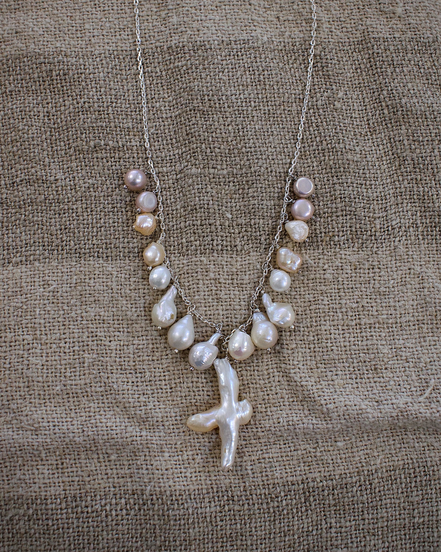 THALIA large cross, pink, purple and while freshwater pearl necklace