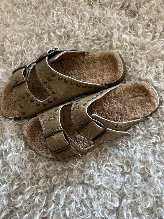 Suede Shearling Lined Taupe Slides