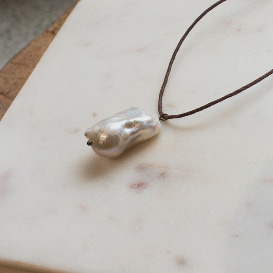 The SOLARA Baroque Pearl Necklace on Brown Cord